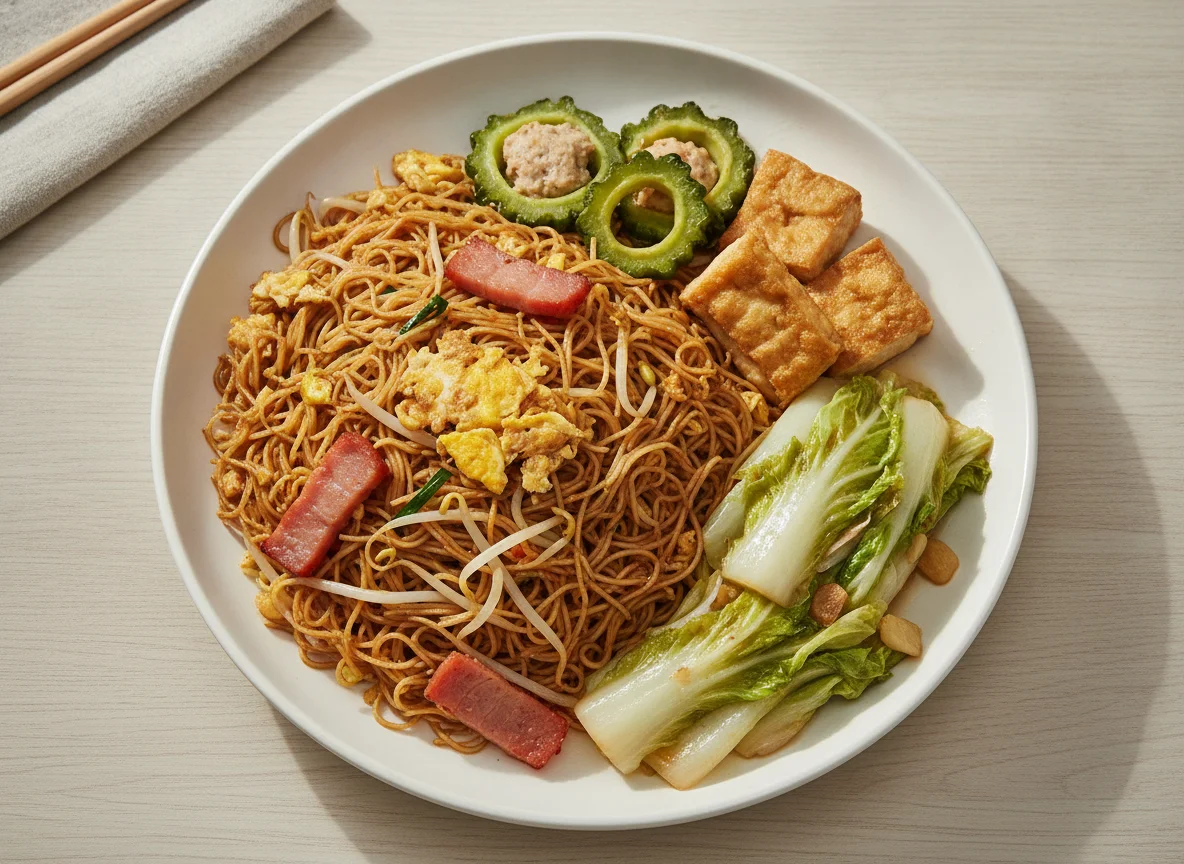 Fried Bee Hoon with Yong Tau Foo and Vegetables photo