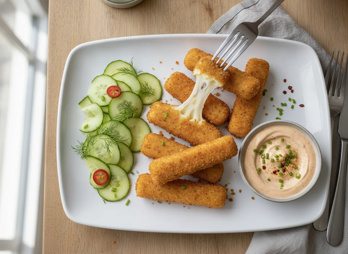 Fried Cheese Sticks with Cucumber and Sauce photo