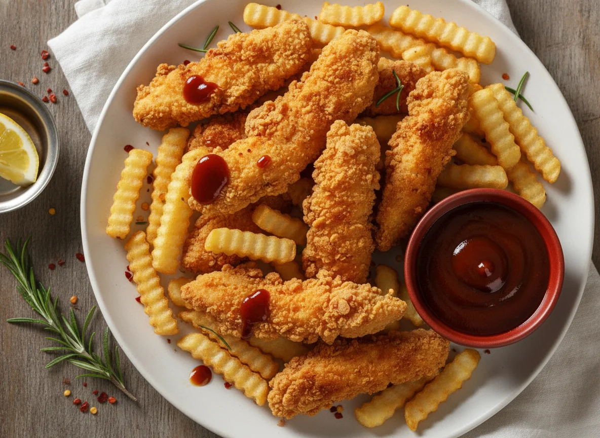 Fried chicken and chips with BBQ sauce photo