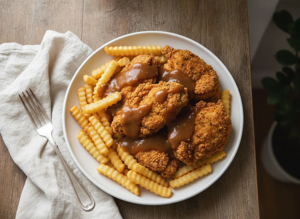 Fried chicken and chips with gravy photo