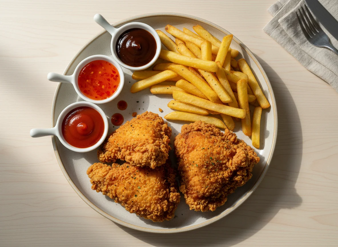 Fried Chicken and Chips with Sauces photo