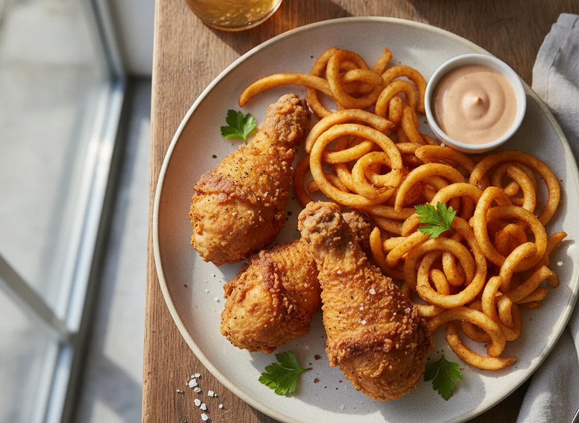 Fried Chicken and Curly Fries photo