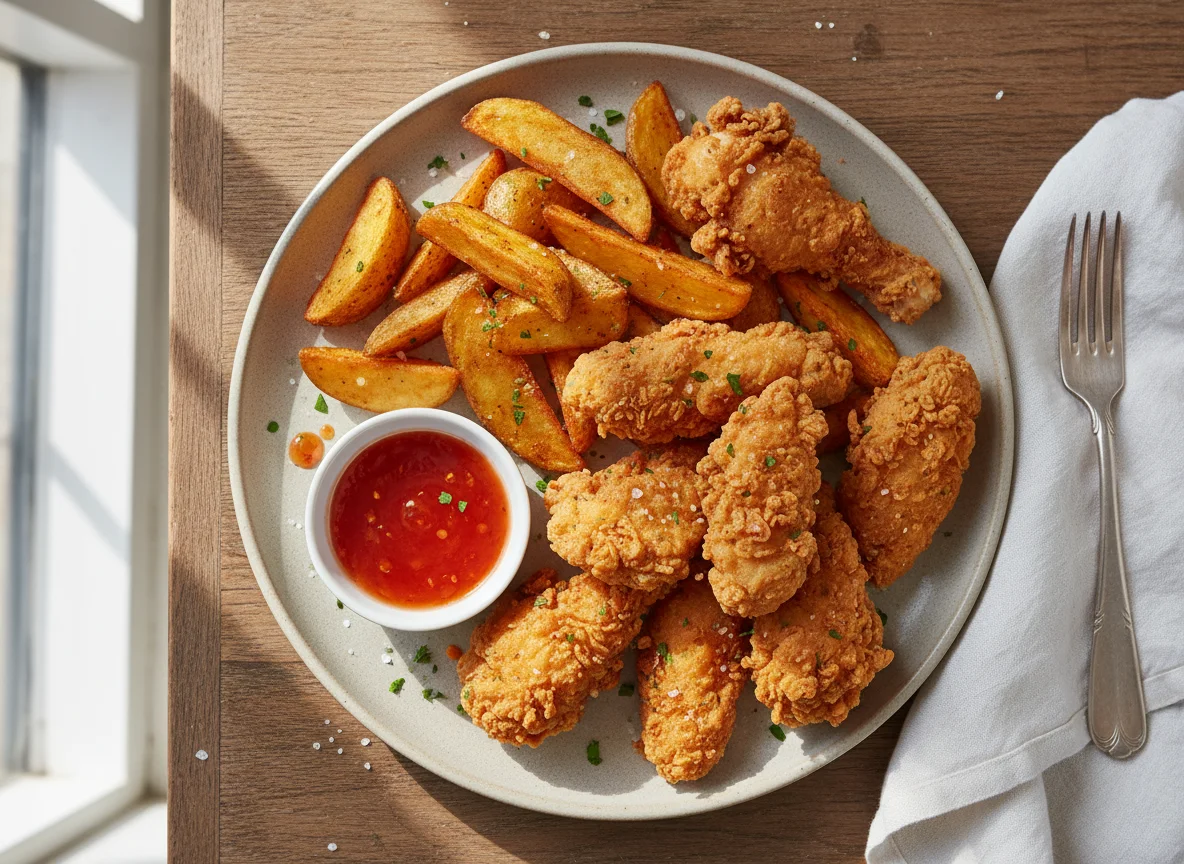 Fried Chicken and Fries with Sauce photo