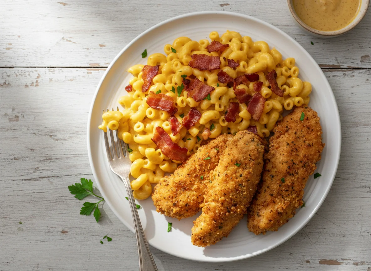 Fried Chicken and Macaroni and Cheese with Bacon photo
