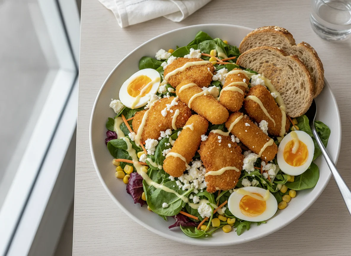 Fried Chicken and Mozzarella Sticks Salad with Hard Boiled Eggs photo