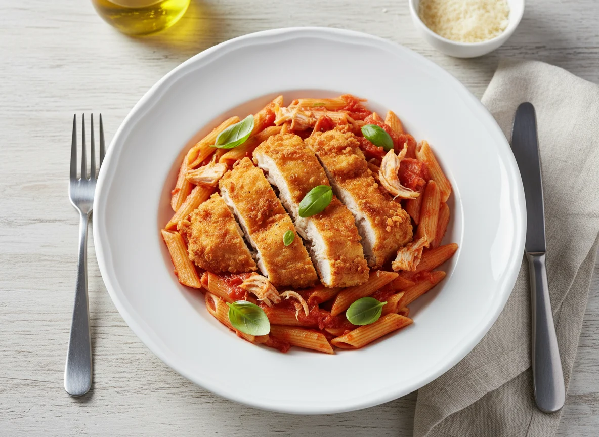 Fried Chicken and Penne Pasta with Tomato Sauce photo