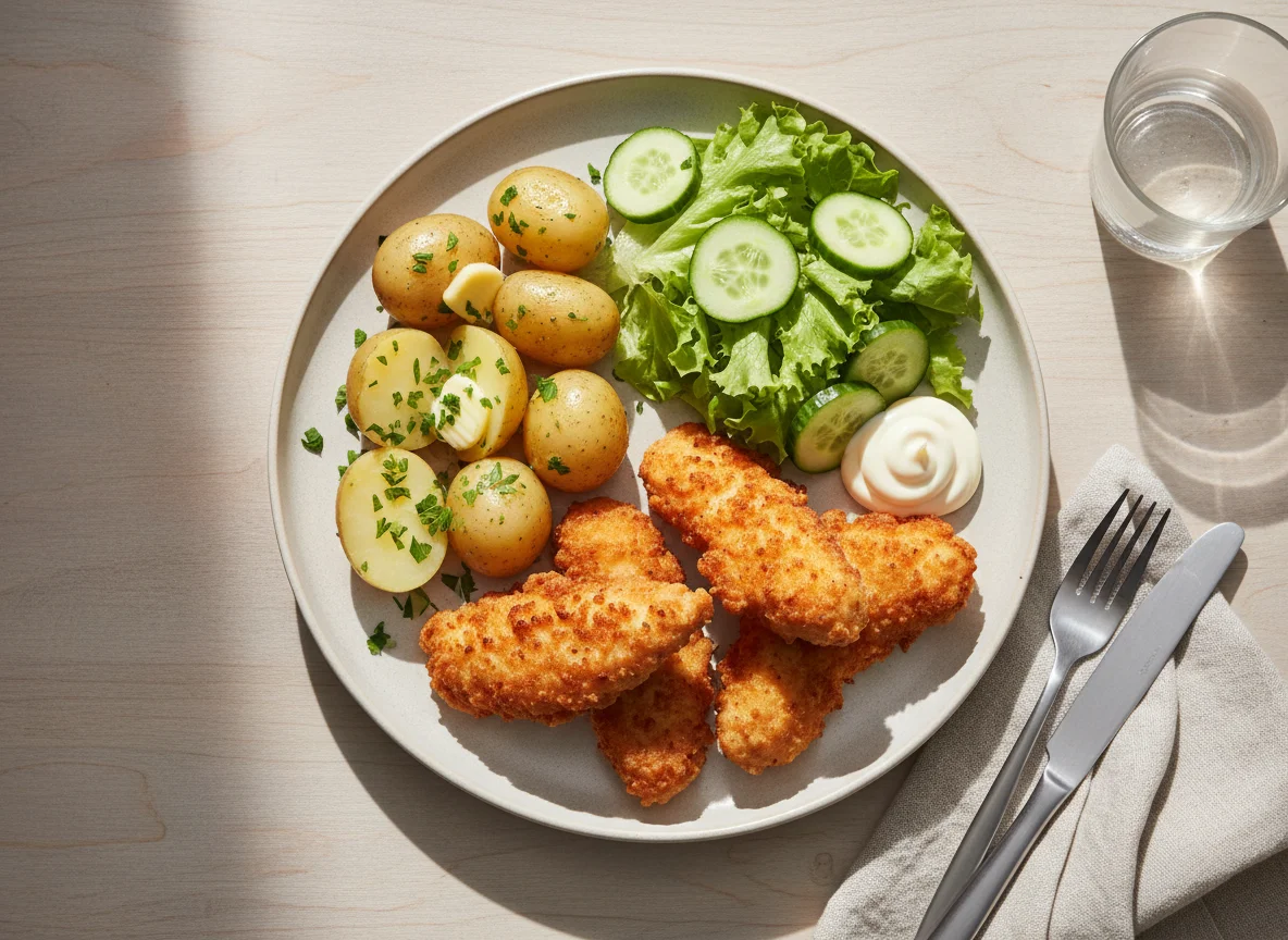 Fried Chicken and Potato Meal with Salad photo