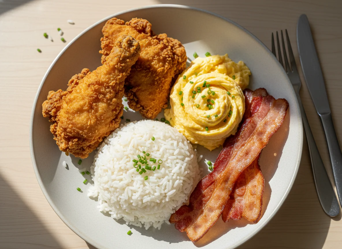 Fried Chicken and Rice with Scrambled Eggs and Bacon photo