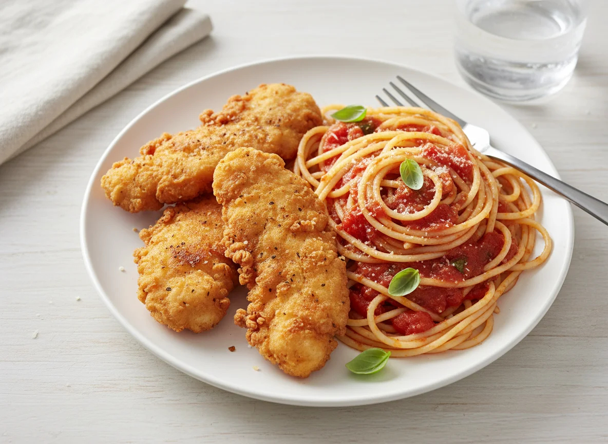 Fried Chicken and Spaghetti with Tomato Sauce photo