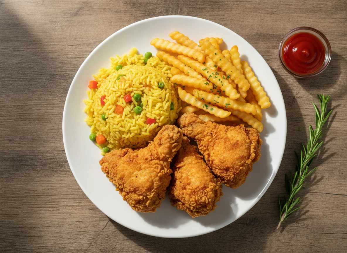 Fried Chicken and Yellow Rice with French Fries photo