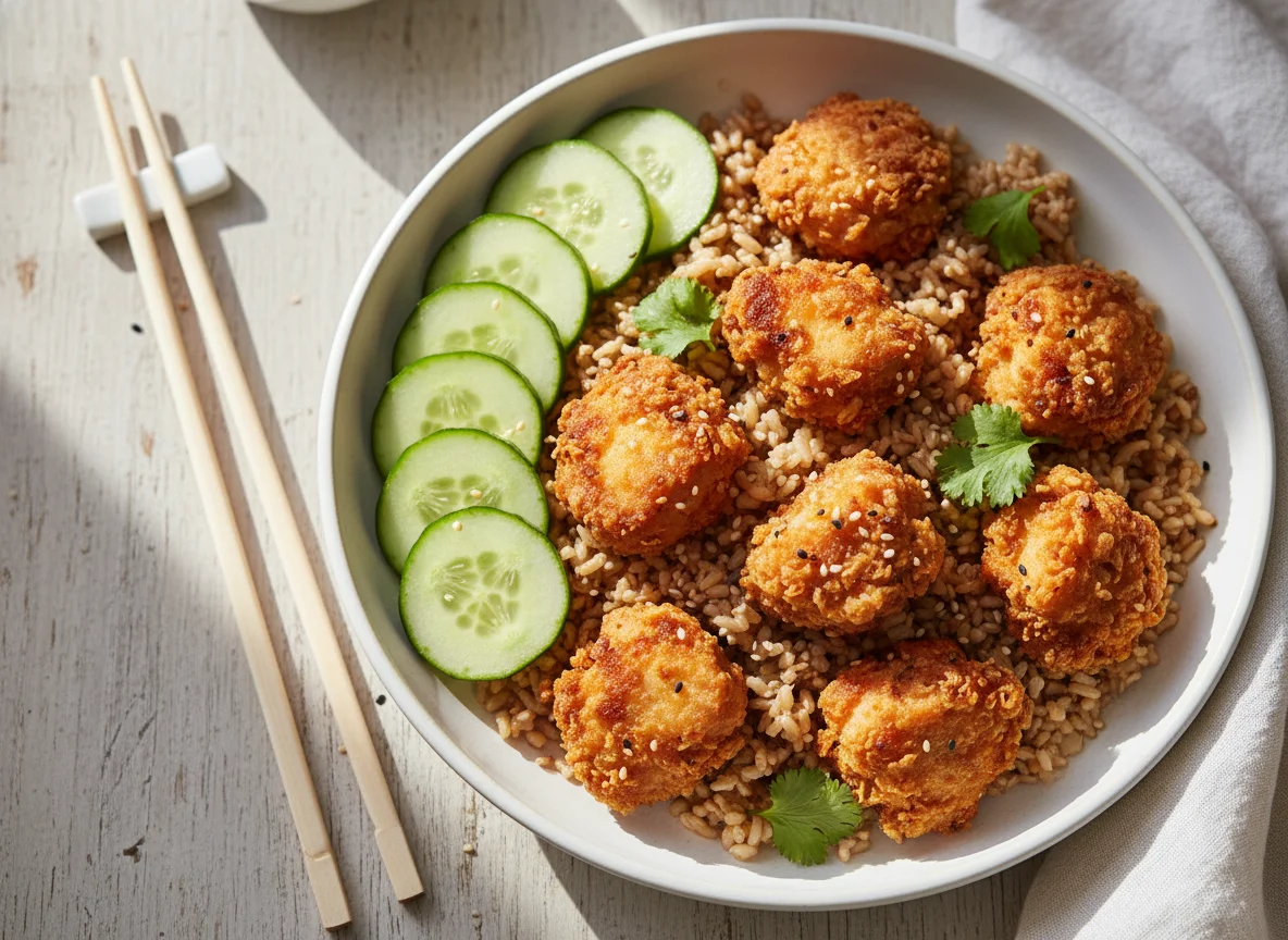 Fried Chicken Bites with Brown Rice and Cucumber photo