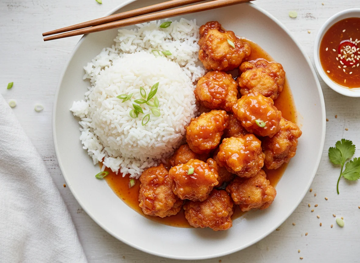 Fried Chicken Bites with Sauce and Rice photo