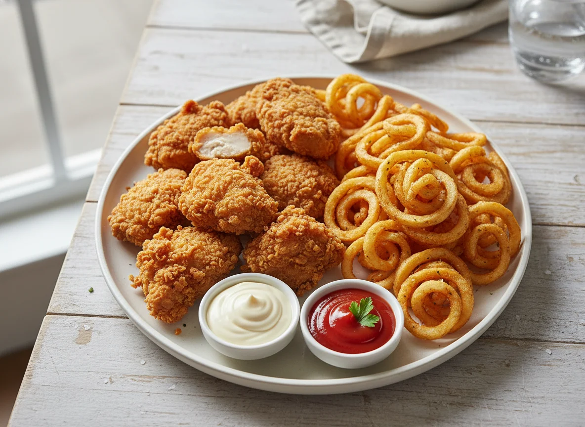Fried Chicken Bites with Spiral Chips and Dips photo