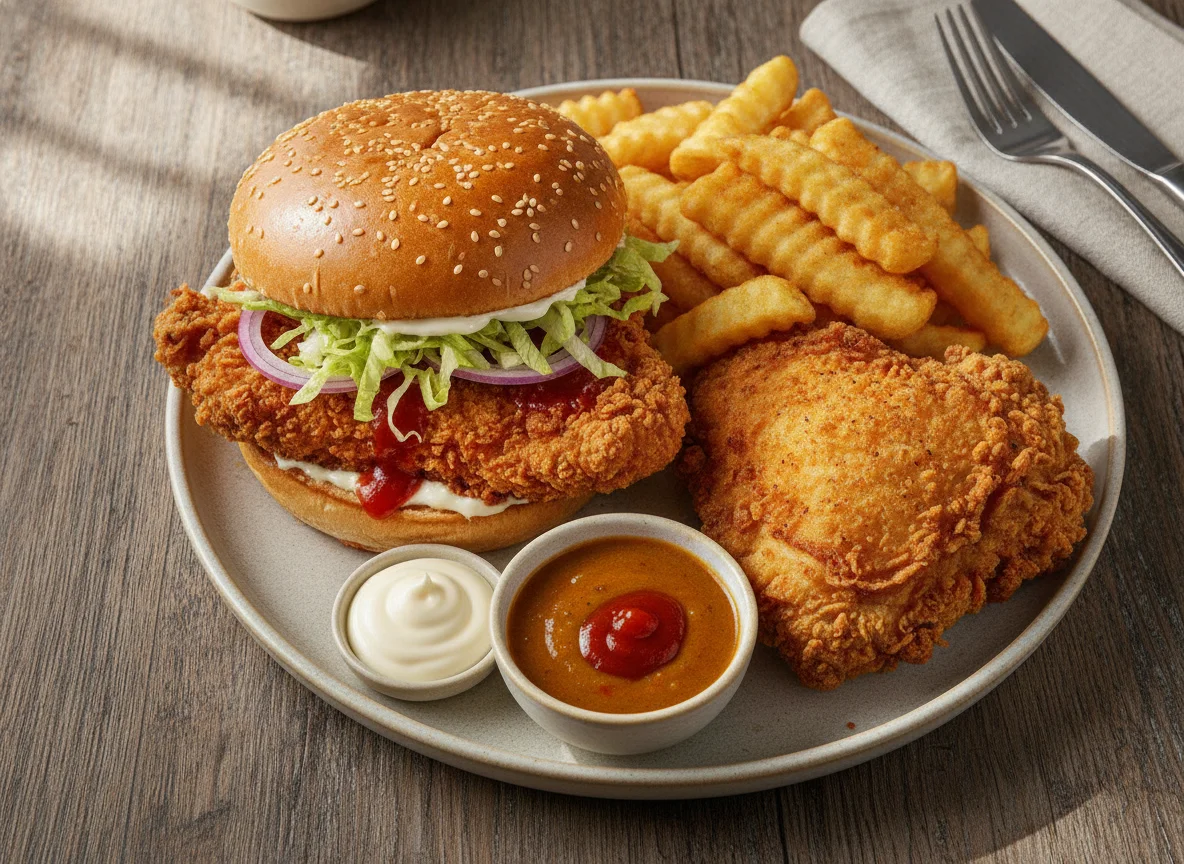 Fried chicken burger meal with chips and curry sauce photo