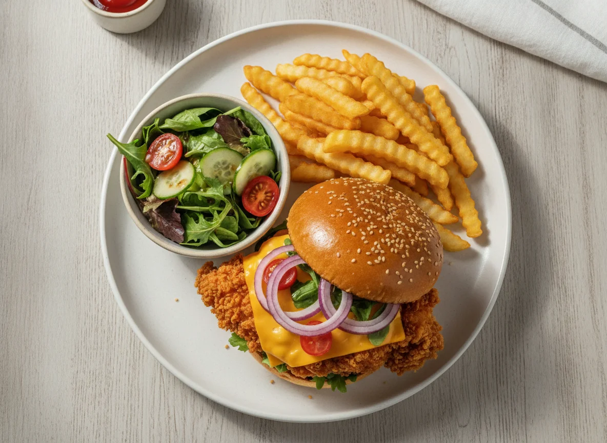 Fried Chicken Burger with French Fries and Side Salad photo