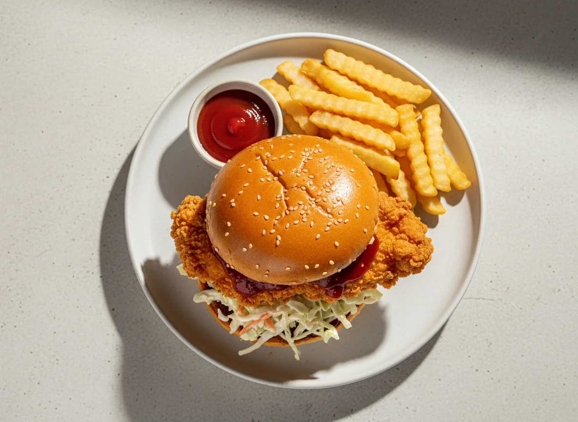 Fried Chicken Burger with Fries and Ketchup photo