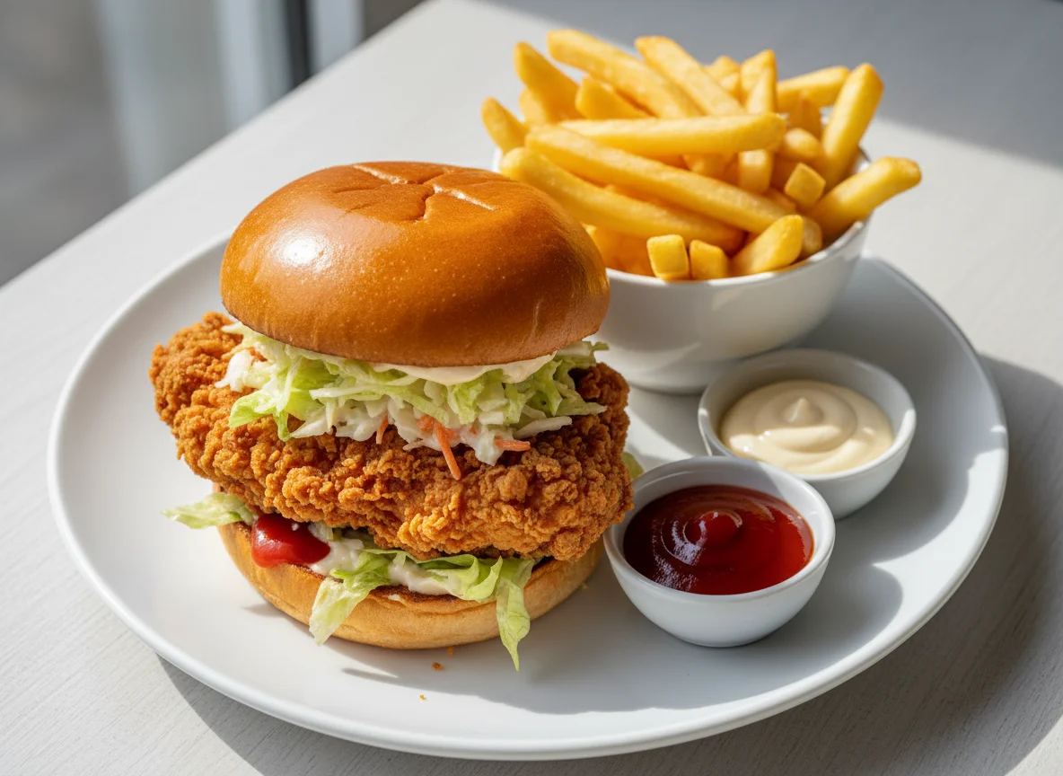 Fried Chicken Burger with Fries and Sauces photo