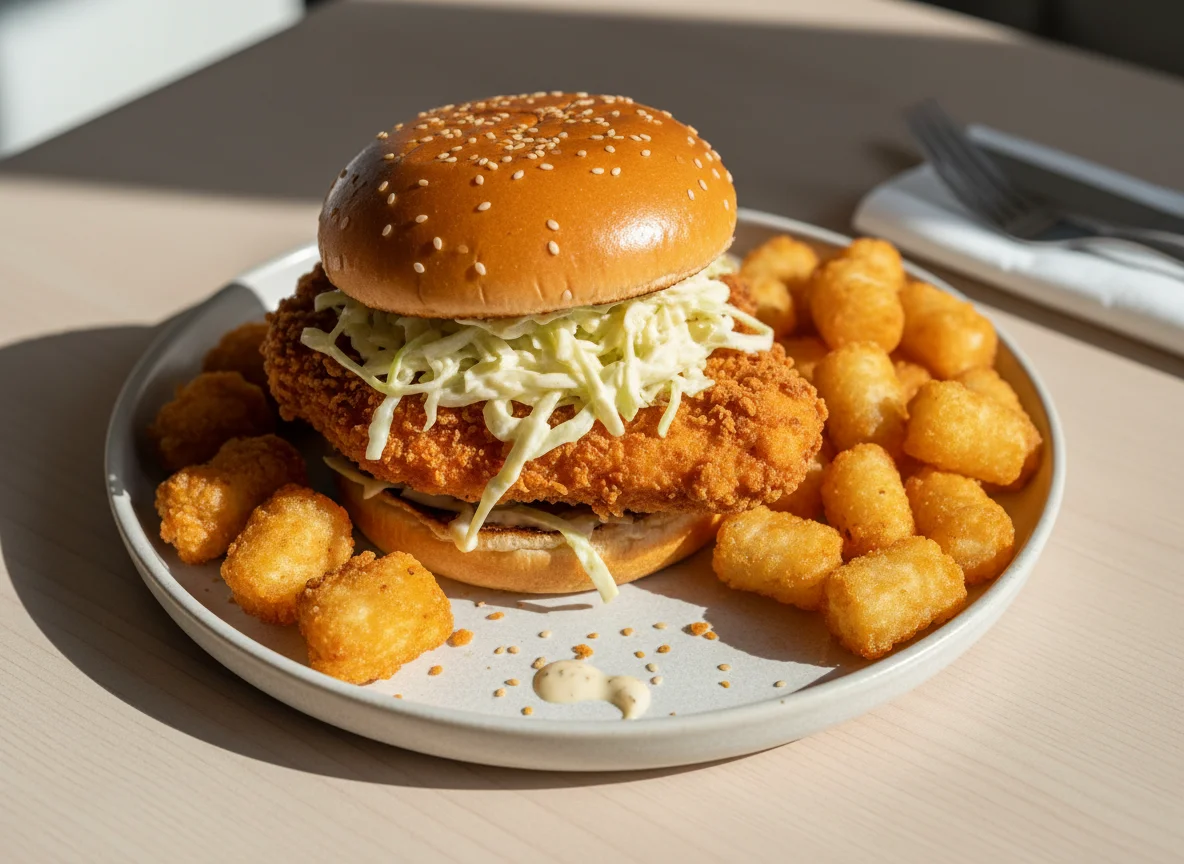 Fried Chicken Burger with Tater Tots and Popcorn Chicken photo