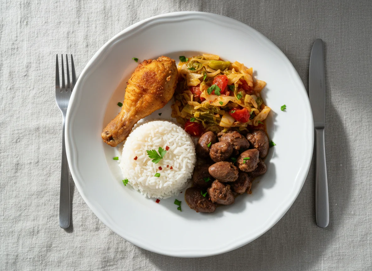 Fried Chicken, Chicken Hearts, Rice and Stewed Cabbage photo