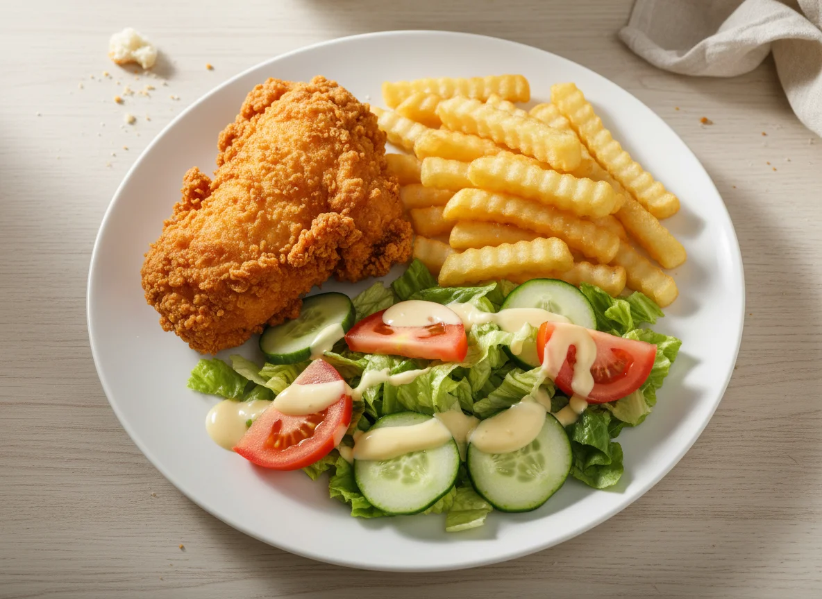 Fried Chicken, Chips and Salad photo