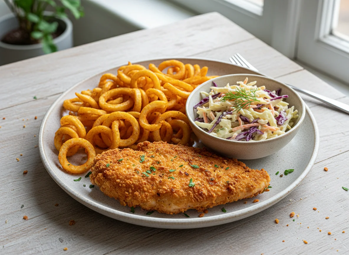 Fried Chicken, Curly Fries and Coleslaw photo