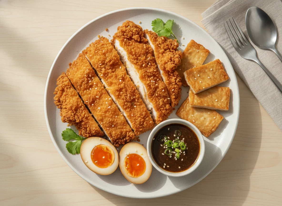 Fried Chicken Cutlet with Braised Egg and Fish Cake photo