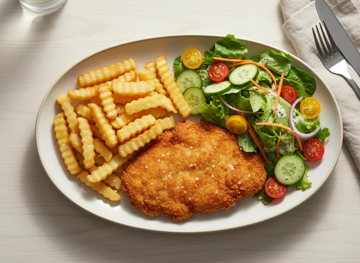 Fried Chicken Cutlet with Fries and Salad photo
