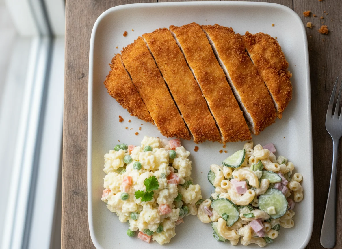 Fried Chicken Cutlet with Potato Salad and Macaroni Salad photo