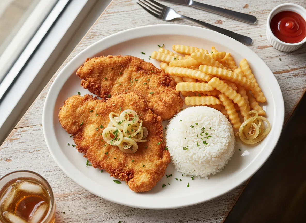 Fried Chicken Cutlets with Rice and Fries photo