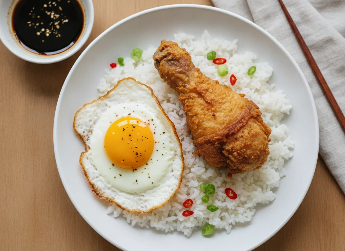 Fried Chicken, Eggs, and Rice photo