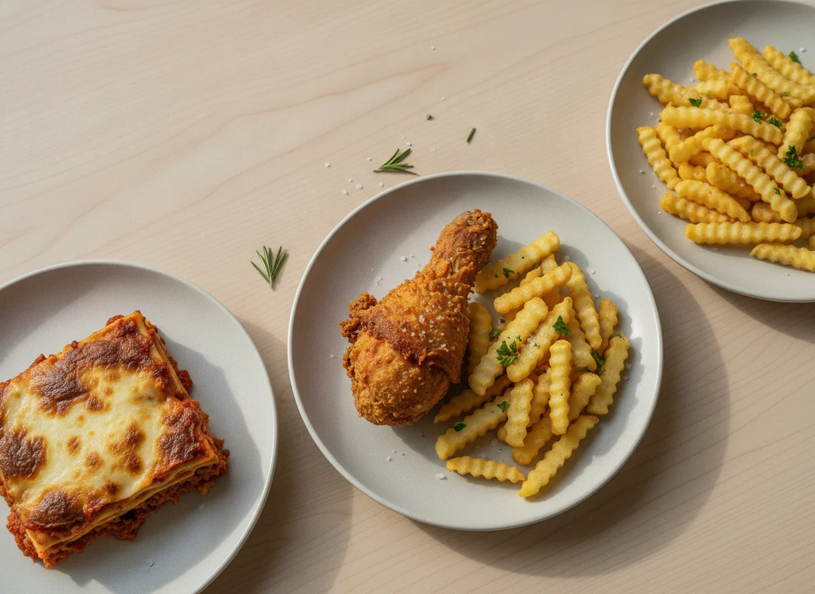 Fried Chicken, Lasagna, and French Fries photo