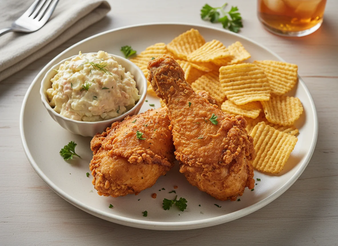 Fried Chicken Meal with Potato Salad and Corn Chips photo