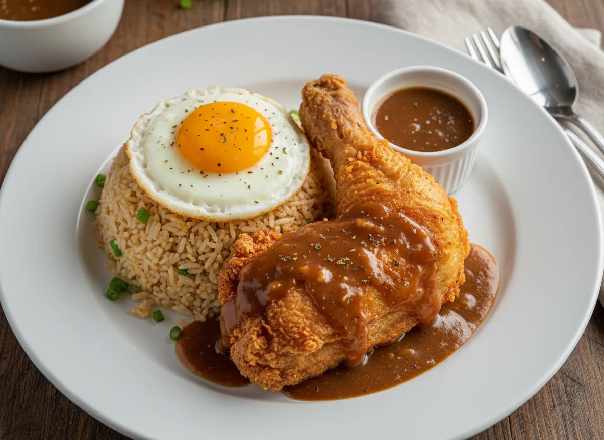 Fried Chicken Meal with Rice, Egg, and Gravy photo