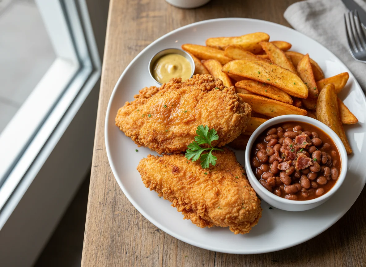 Fried Chicken Meal with Wedges and Baked Beans photo