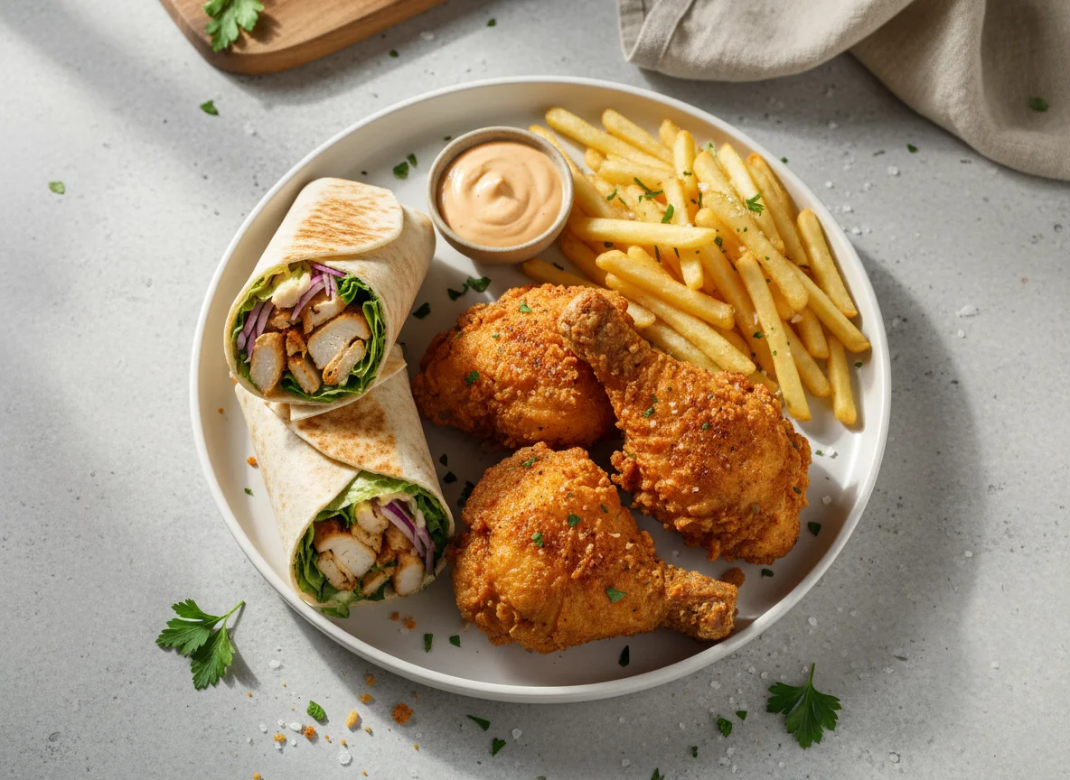Fried Chicken Meal with Wrap and Fries photo
