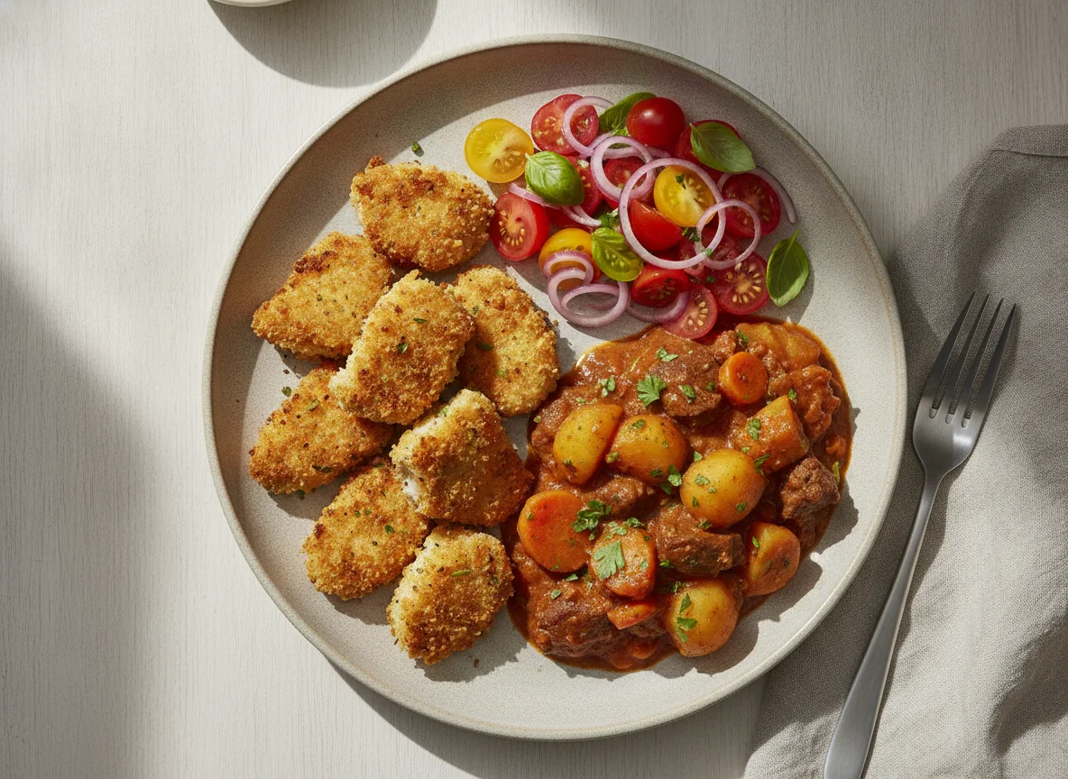 Fried Chicken Nuggets with Potato Stew and Tomato Salad photo