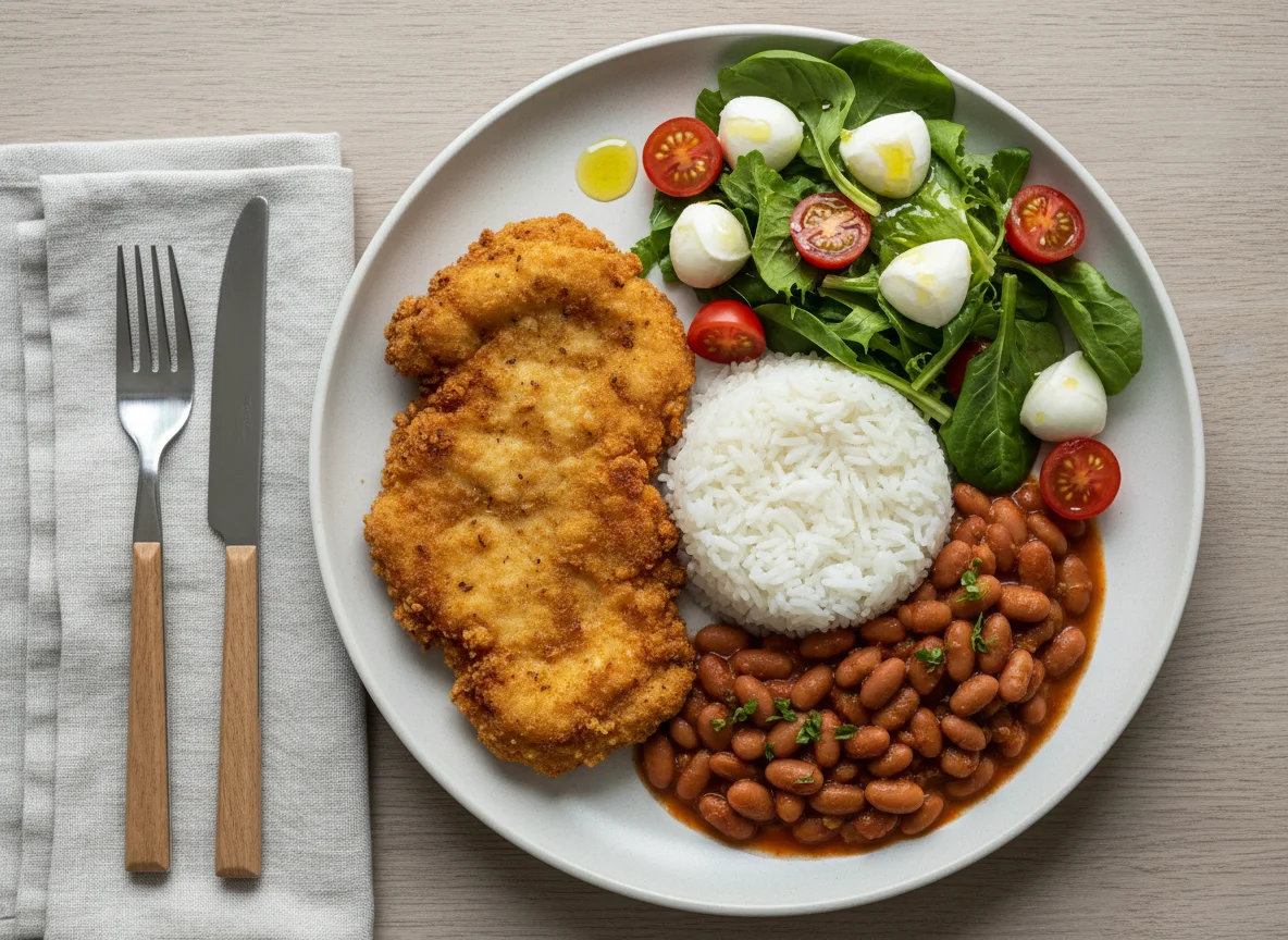 Fried Chicken, Rice, Beans, and Salad photo