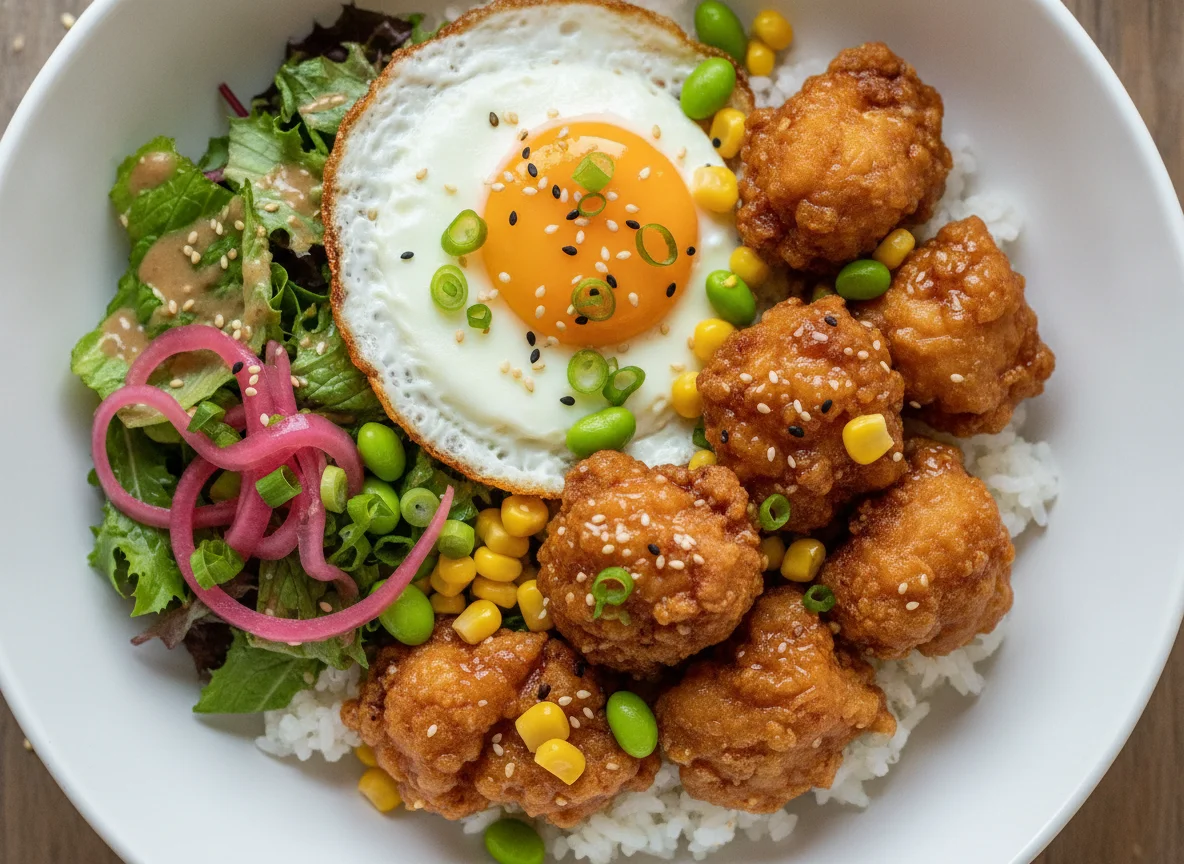 Fried Chicken Rice Bowl with Egg and Vegetables photo
