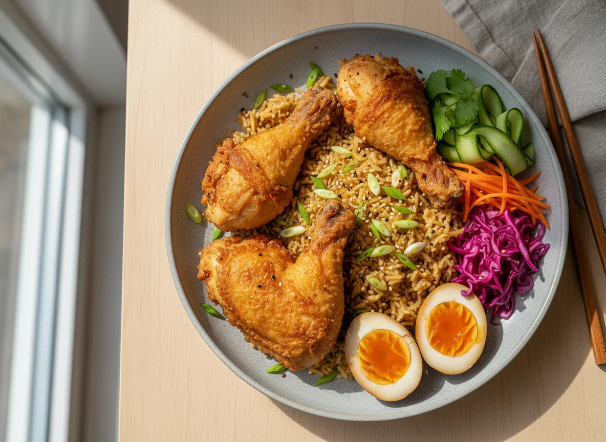 Fried Chicken Rice with Braised Eggs and Pickled Vegetables photo
