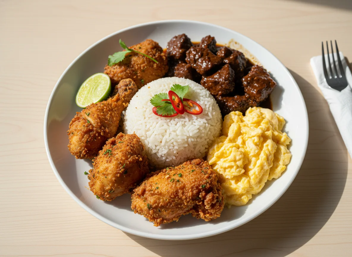 Fried Chicken Rice with Scrambled Eggs and Stewed Meat photo