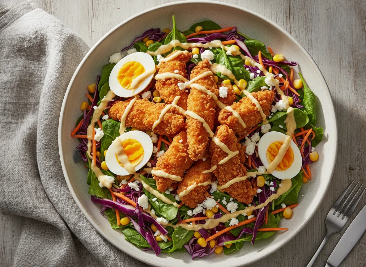 Fried Chicken Salad with Boiled Eggs and Feta photo