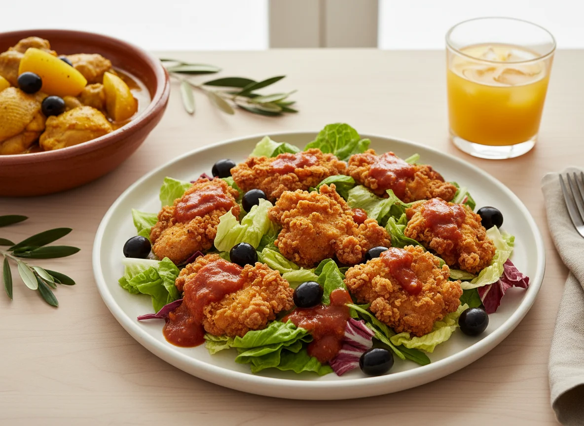 Fried Chicken Salad with Sauce and Olives photo