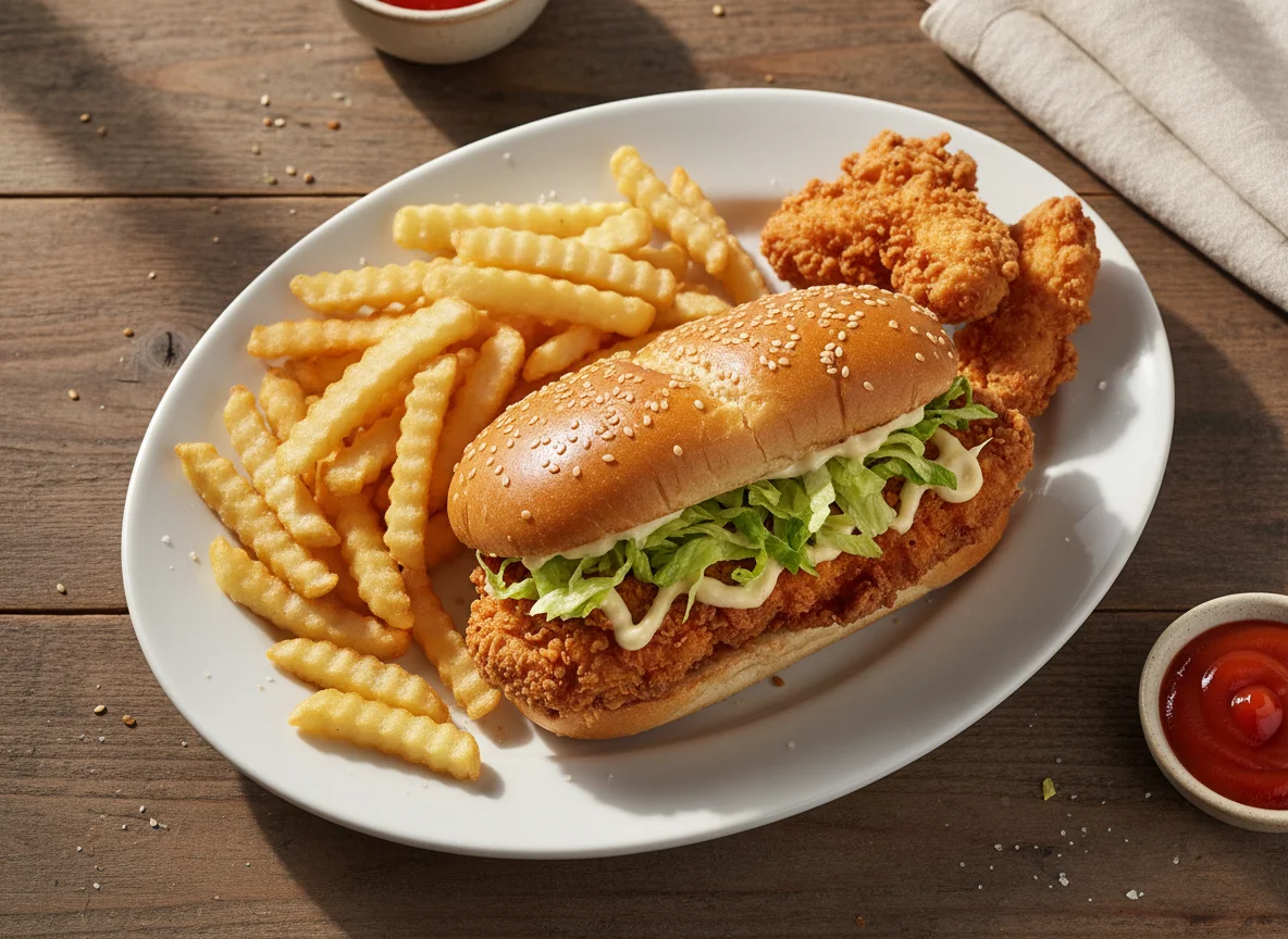 Fried Chicken Sandwich and Fries Meal photo