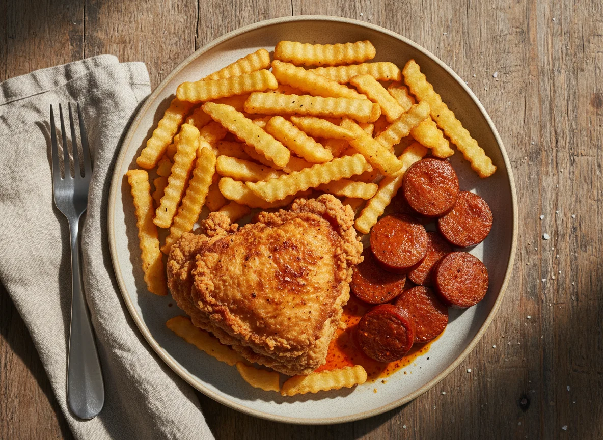 Fried Chicken, Sausage, and French Fries photo