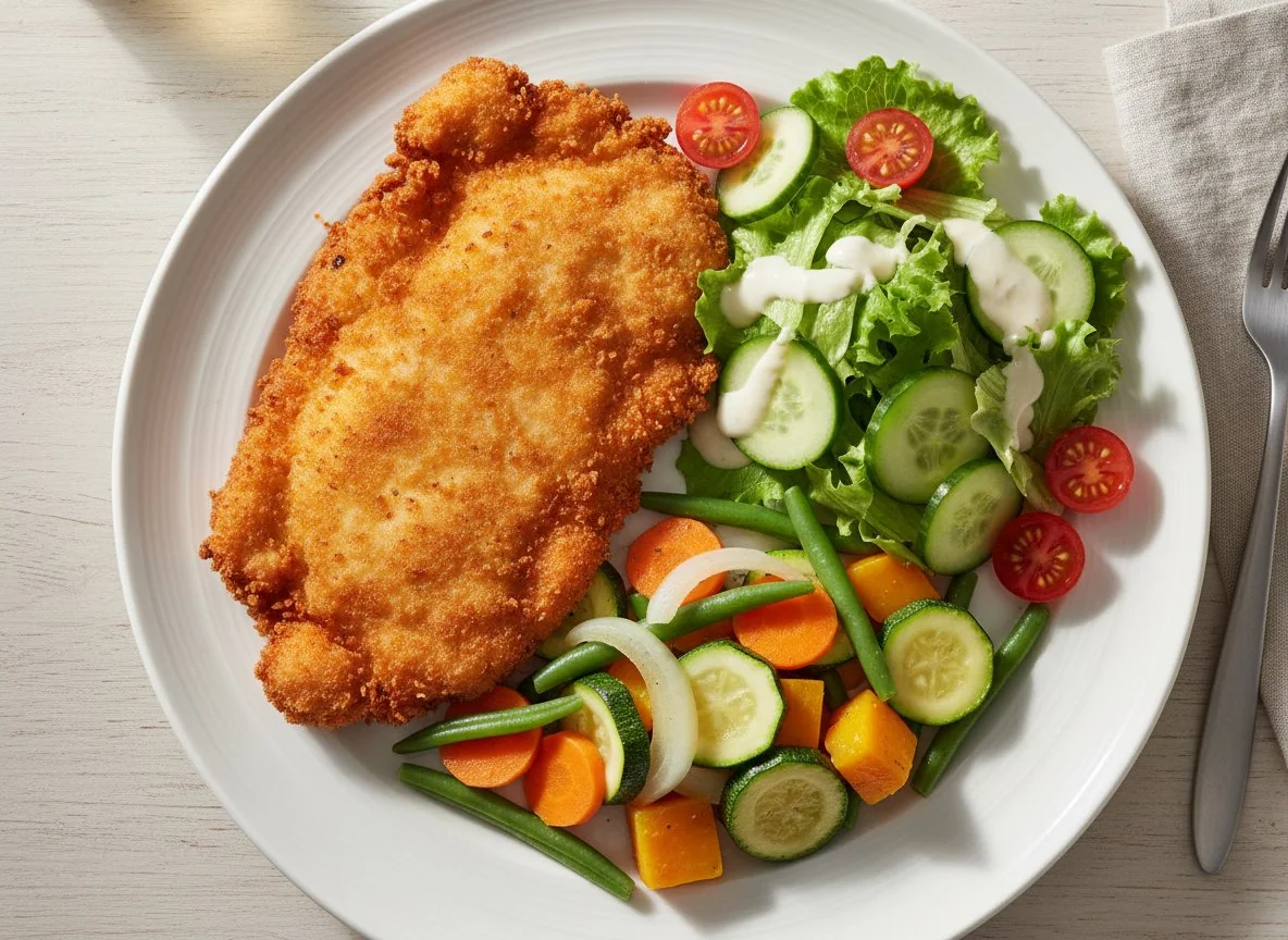 Fried Chicken Schnitzel with Salad and Mixed Vegetables photo