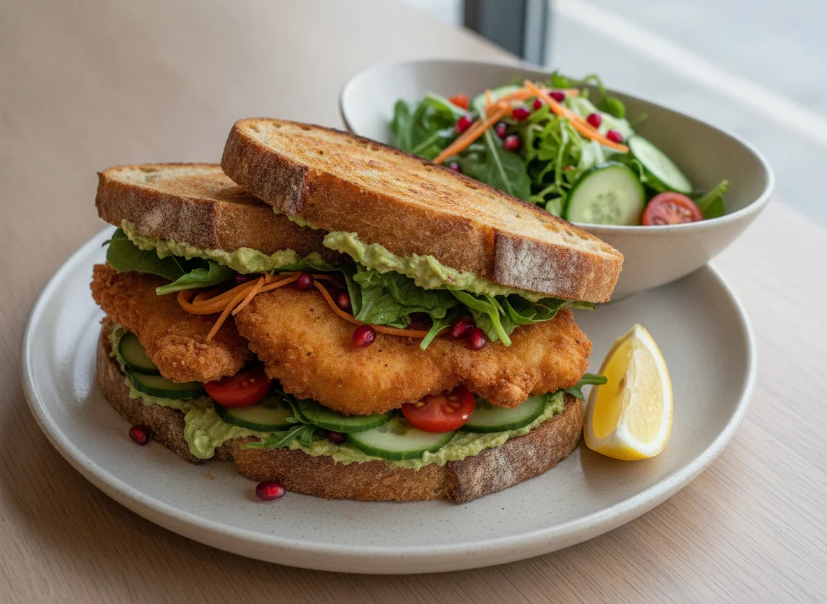 Fried Chicken Sourdough Sandwich with Side Salad photo