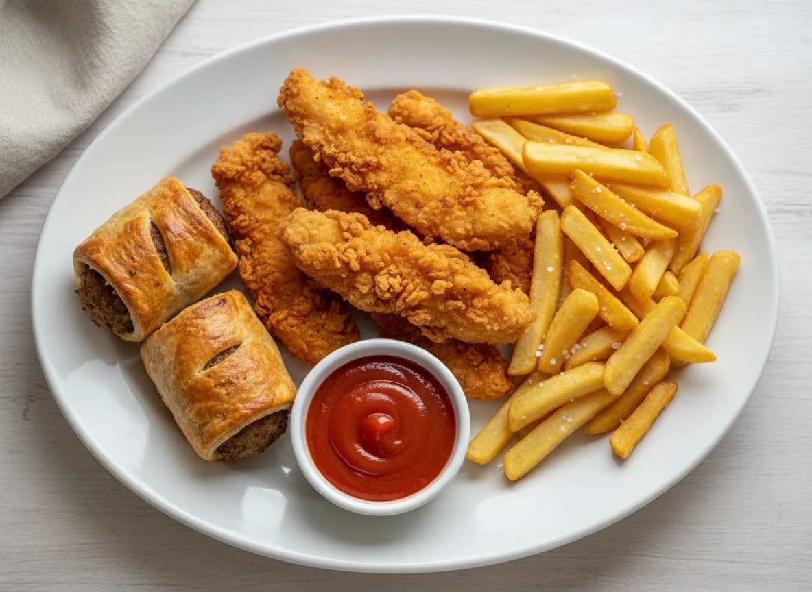 Fried Chicken Strips, Fries, Sausage Rolls, and Ketchup photo