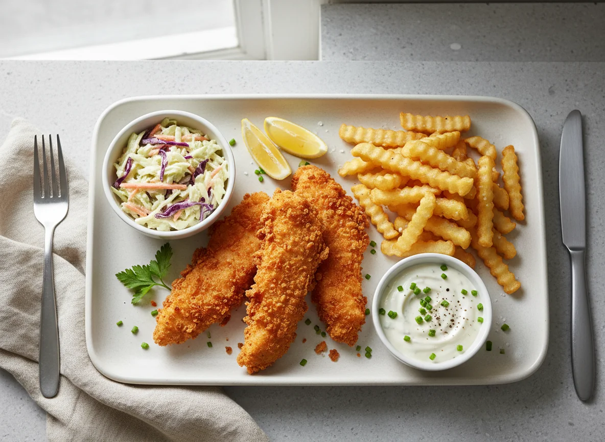 Fried Chicken Strips Meal with Fries and Coleslaw photo