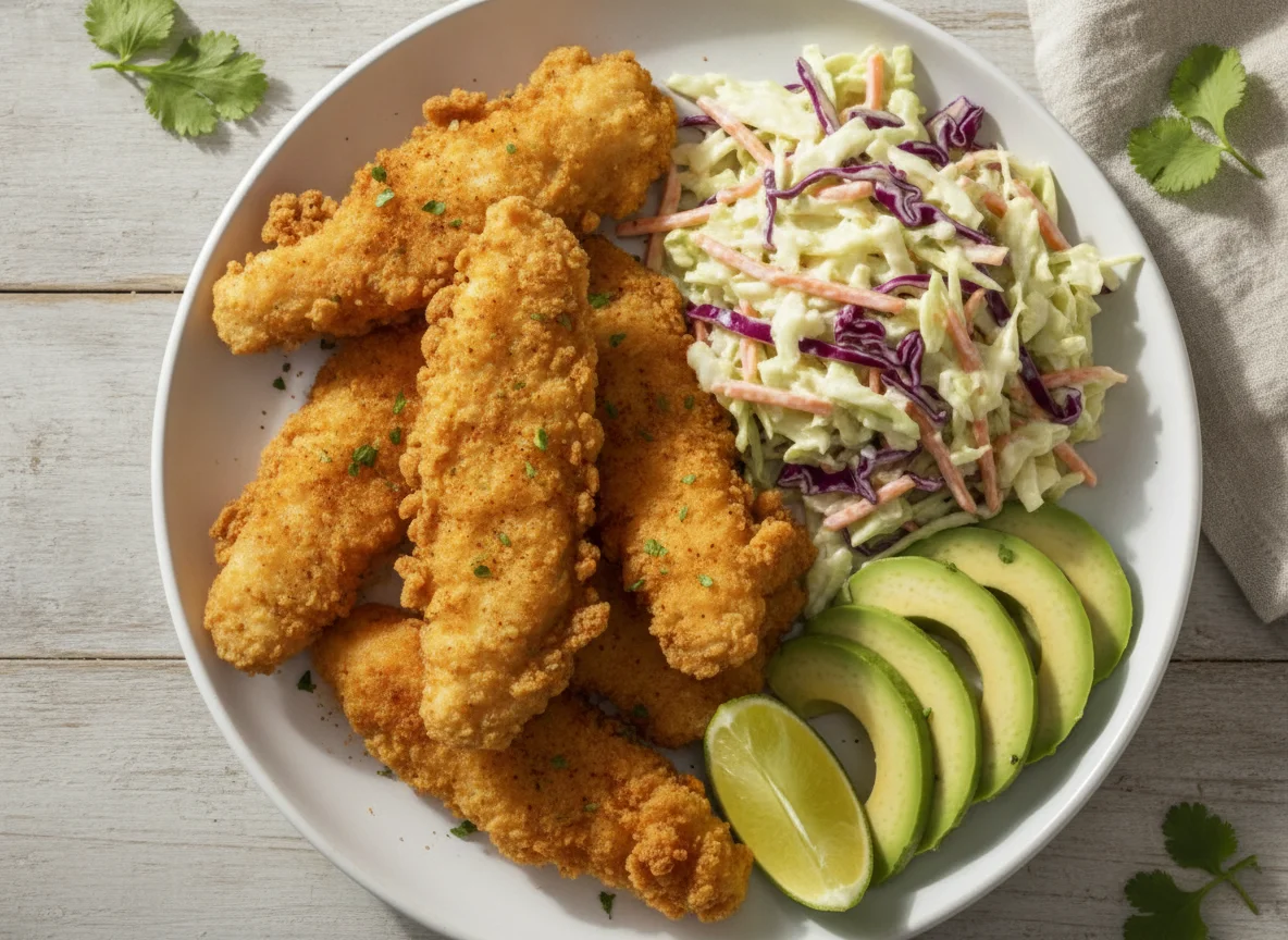 Fried Chicken Strips with Coleslaw and Avocado photo