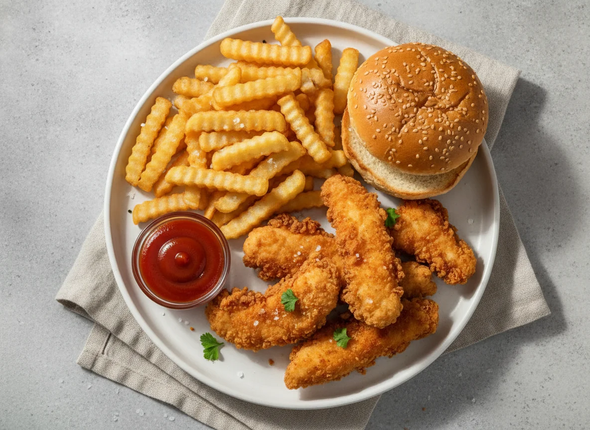 Fried Chicken Strips with Fries and Bun photo